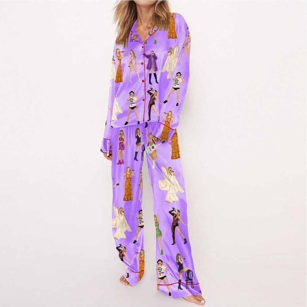 Sheshow Pajama Set Womens Medium Purple Satin PJs Long Sleeve Pants Swiftie